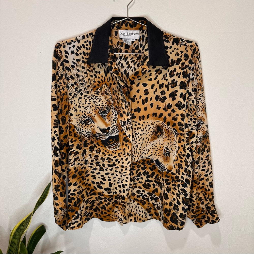 Bloomingdale’s Vintage Cheetah Silk & Leather Button Down Blouse Size 10P